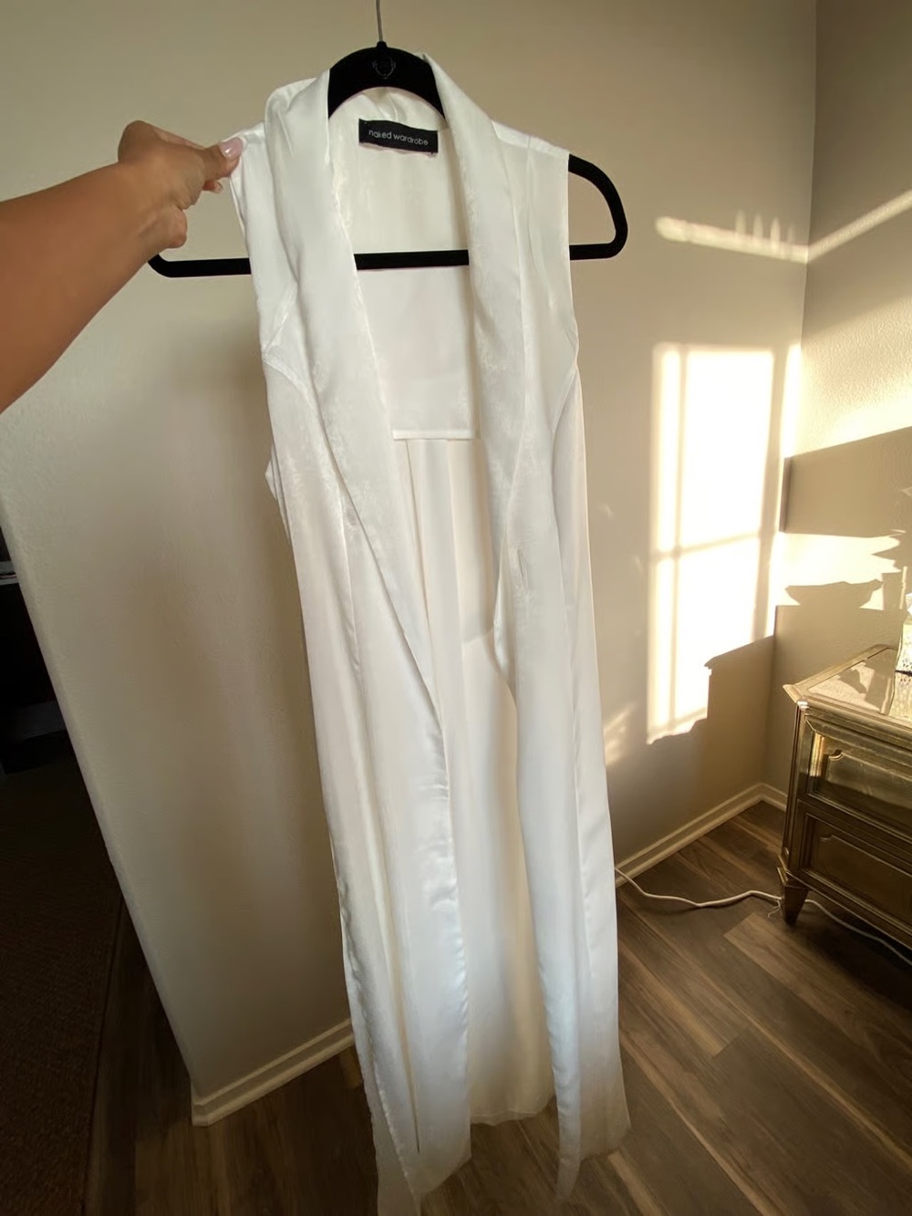 Naked Wardrobe Open-Front Satin Sleeveless Duster with Tie - White
